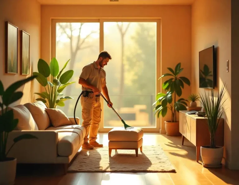 Team of professionals using eco-friendly equipment to remove mold in a bright and clean home.