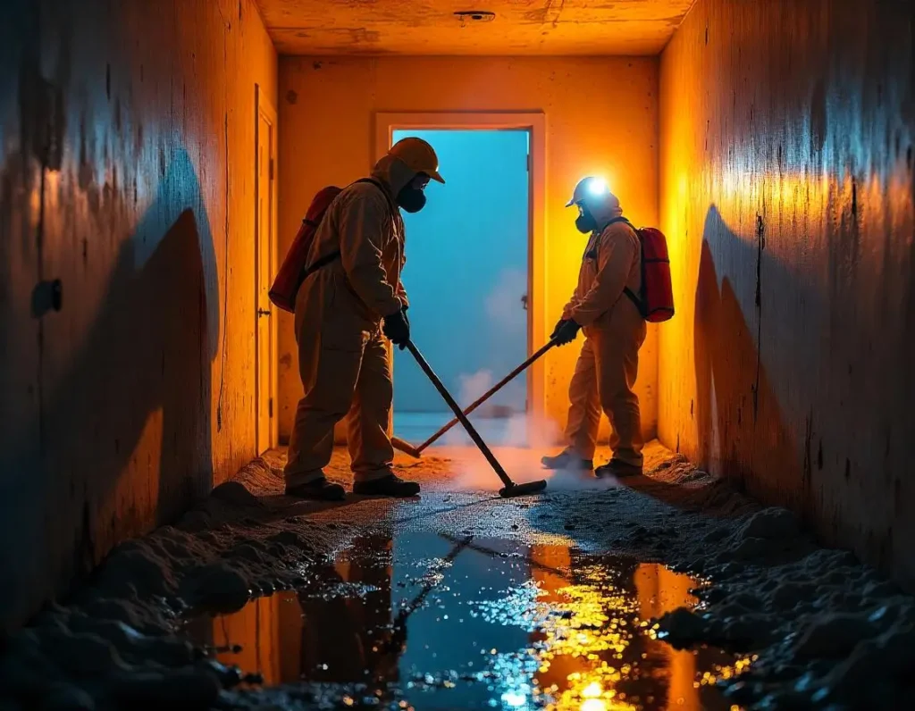 Professional water damage restoration team working in a modern Long Beach home with advanced equipment, addressing flooding and water stains.