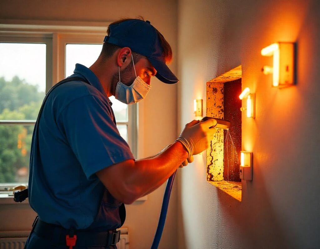 A professional HVAC technician in Long Beach, CA, cleaning air ducts with protective gear and eco-friendly tools in a well-lit modern home.