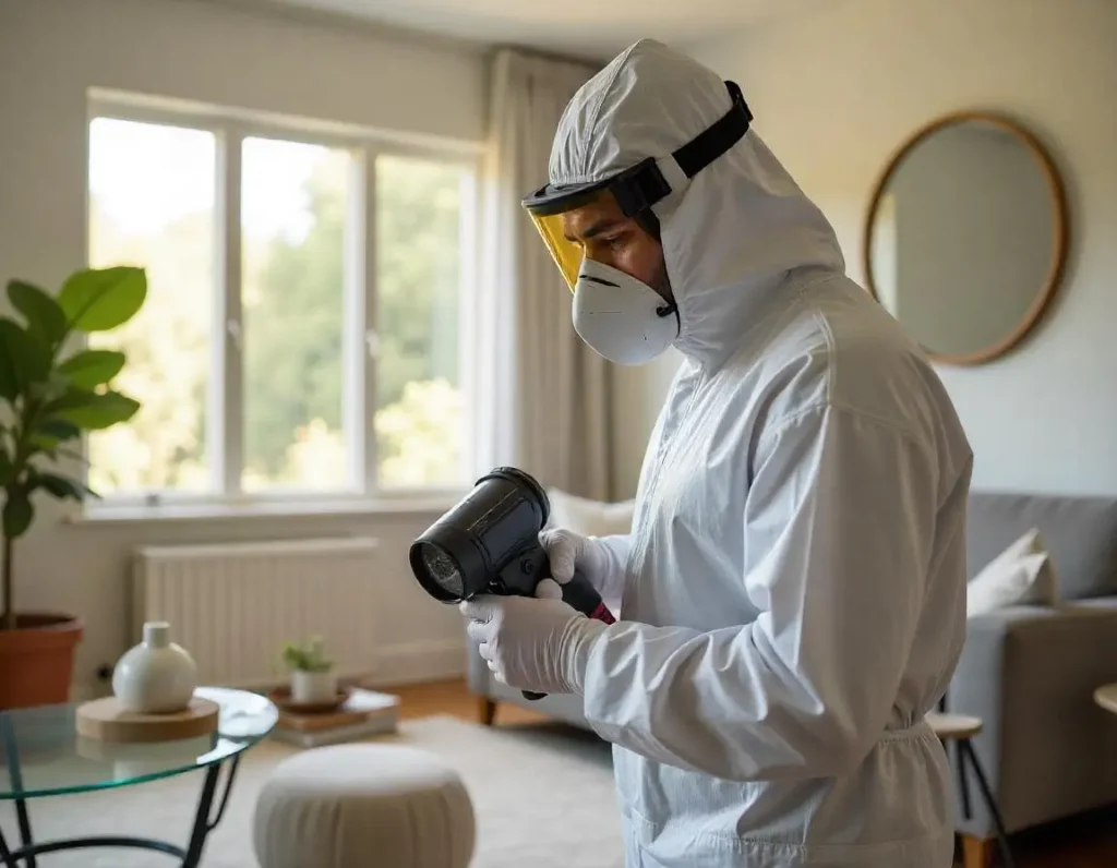 Skilled technician performing a mold inspection in a modern Long Beach home with advanced detection tools.