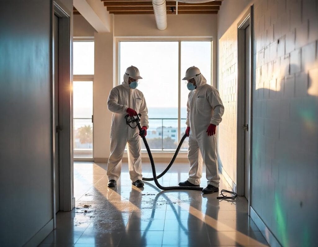 Photorealistic image of a professional team removing mold from a commercial property in Long Beach, CA, with coastal office background.