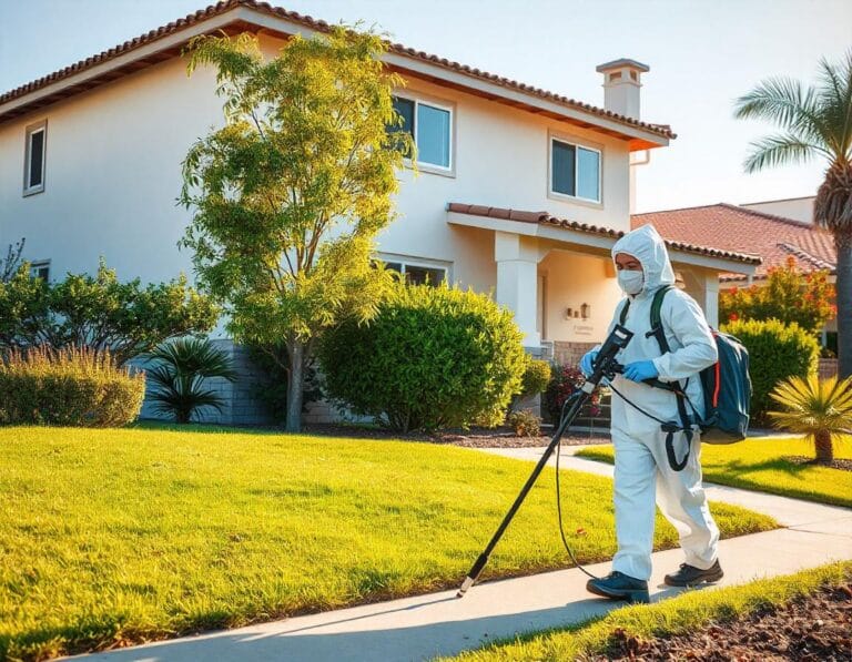 Professional inspecting a clean suburban home in Long Beach, CA, for mold prevention, highlighting a healthy, mold-free environment in a coastal setting.