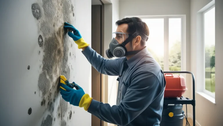 Professional mold removal service in Long Beach, CA, featuring an expert removing mold from a residential wall with a coastal view in the background.