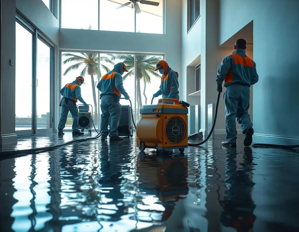 Professional water damage restoration team working in a modern Long Beach home with advanced equipment, addressing flooding and water stains.