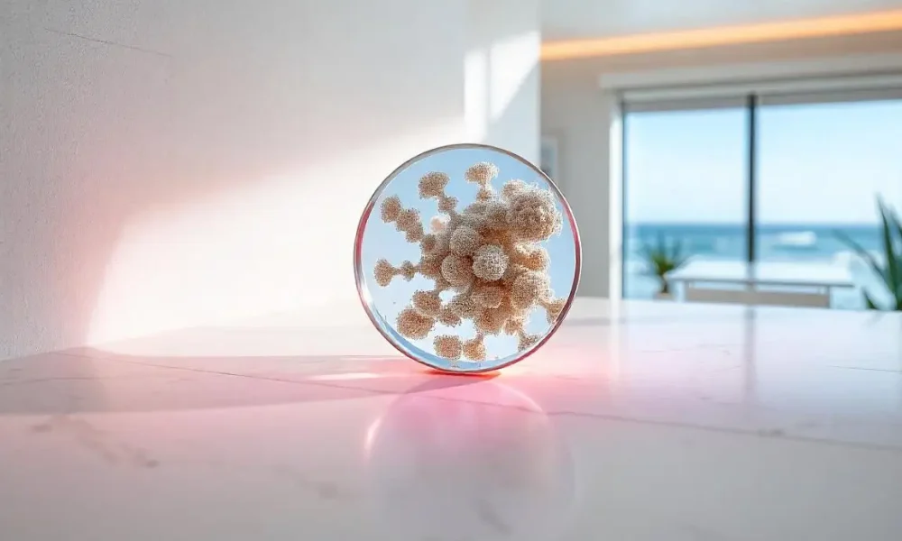 An abstract representation of surface mold testing in Long Beach, CA, highlighting mold spores transforming into clean surfaces with coastal and futuristic design elements.