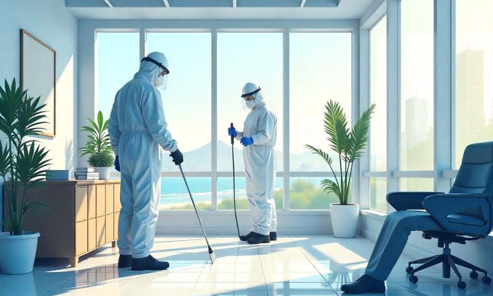 Digital illustration of a professional mold removal team in a coastal Long Beach office setting.