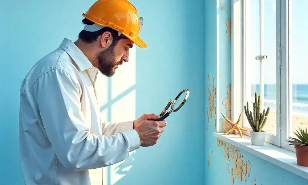An artistic illustration of a mold inspector focusing on a discolored wall in a Long Beach, CA home, featuring coastal decor and vibrant watercolor styling.