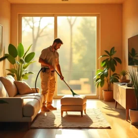 Team of professionals using eco-friendly equipment to remove mold in a bright and clean home.