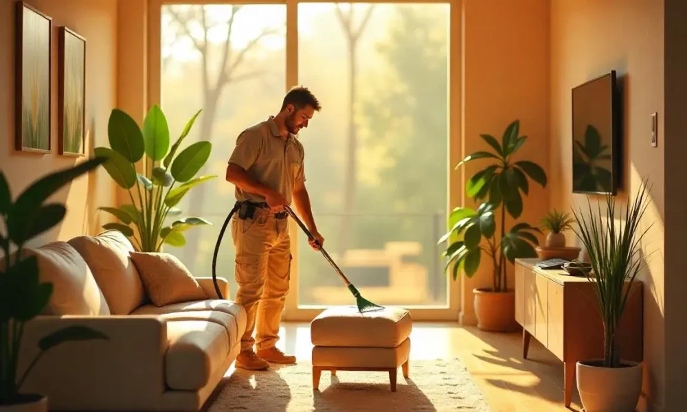 Team of professionals using eco-friendly equipment to remove mold in a bright and clean home.