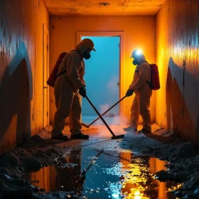 Professional water damage restoration team working in a modern Long Beach home with advanced equipment, addressing flooding and water stains.