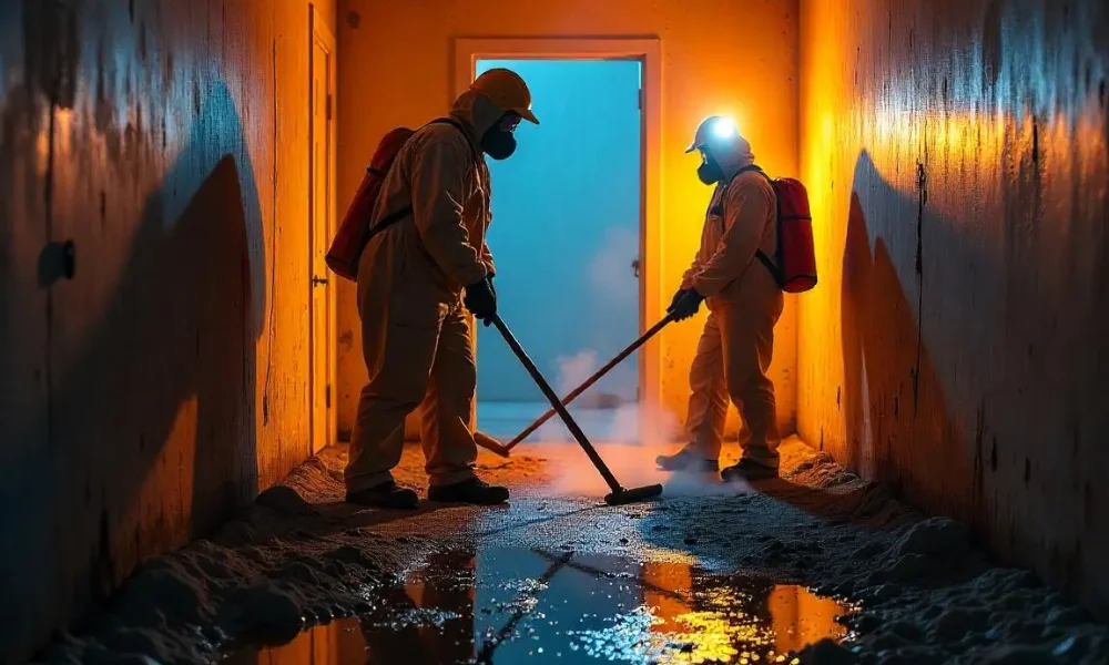 Professional water damage restoration team working in a modern Long Beach home with advanced equipment, addressing flooding and water stains.