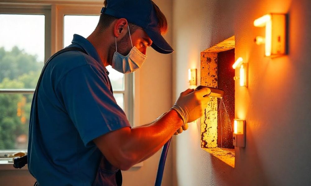 A professional HVAC technician in Long Beach, CA, cleaning air ducts with protective gear and eco-friendly tools in a well-lit modern home.