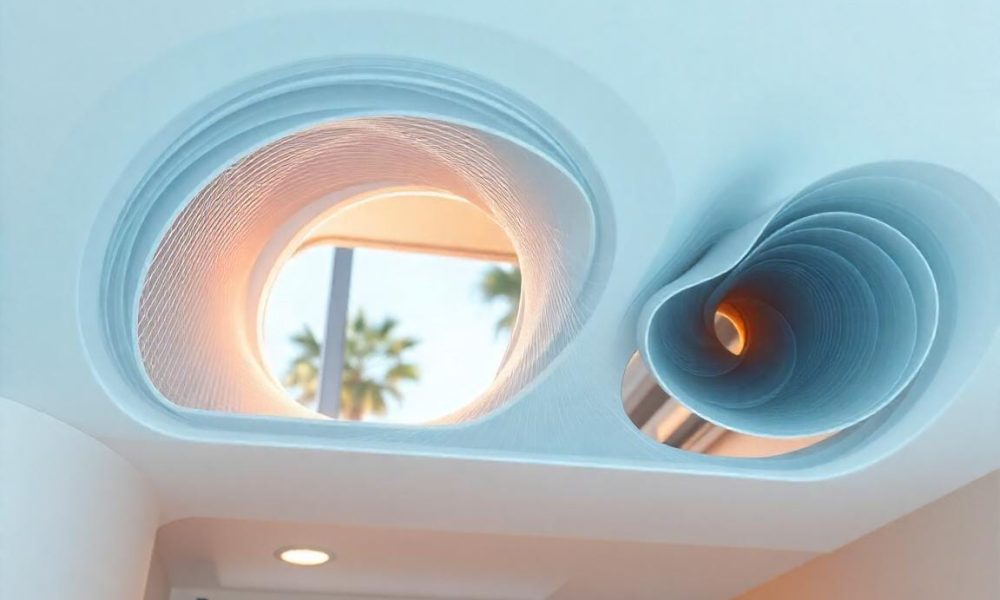 A stylized digital painting of HVAC mold cleaning with abstract air purification patterns and a coastal-inspired Long Beach interior.