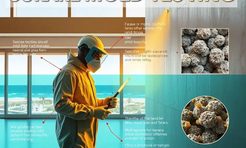 A detailed infographic-style image of surface mold testing in Long Beach, CA, featuring labeled tools, inspectors, and mold spores in a clean, modern layout.