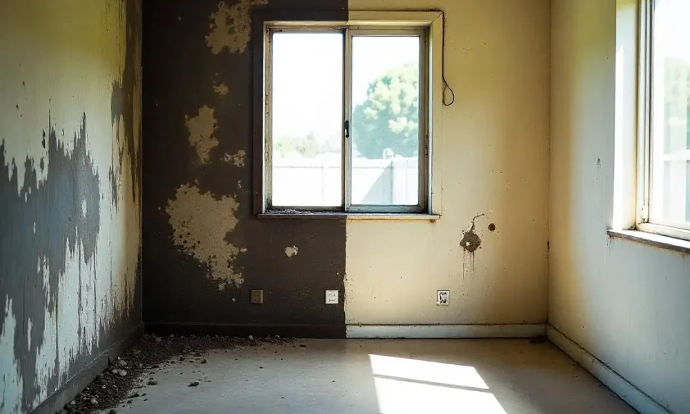 Before and after view of a mold-infested room in Long Beach, CA, showcasing the effectiveness of mold removal services.