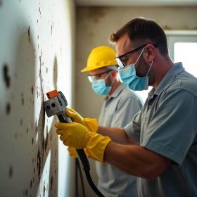 A professional team removing mold from walls using specialized tools