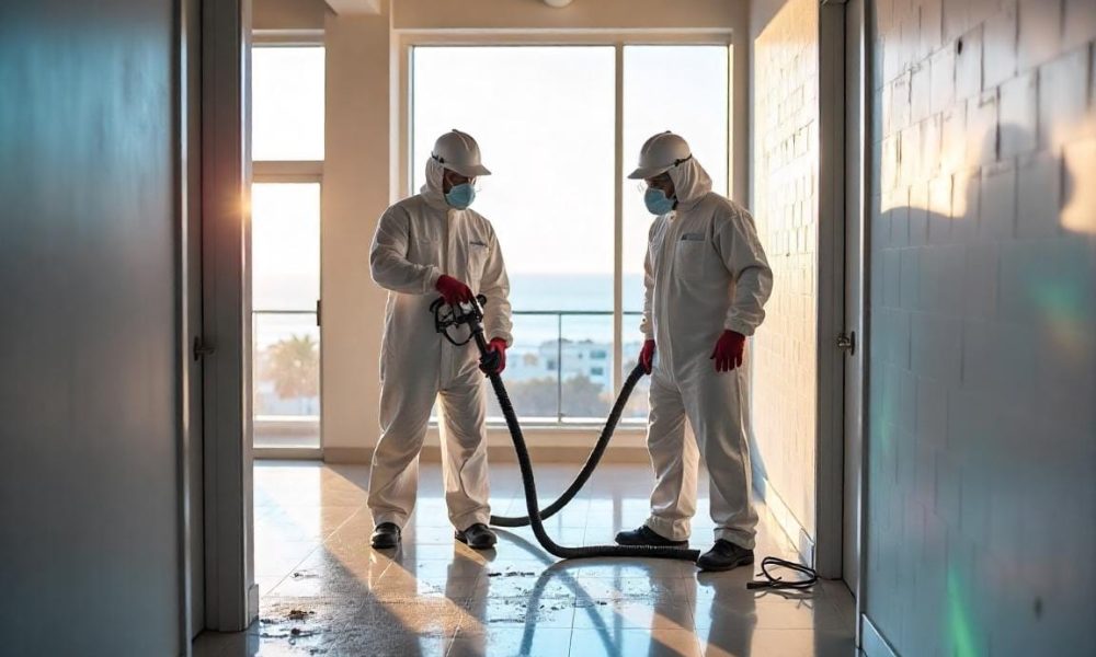 Photorealistic image of a professional team removing mold from a commercial property in Long Beach, CA, with coastal office background.