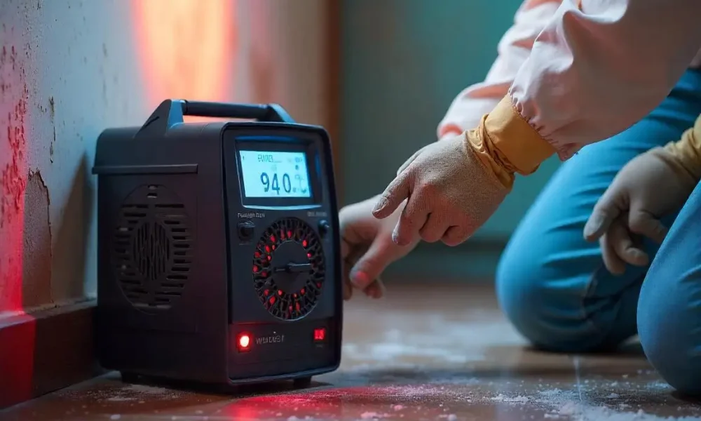 Close-up of professional mold remediation equipment in use during an emergency mold removal in Long Beach, CA.