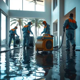 Professional water damage restoration team working in a modern Long Beach home with advanced equipment, addressing flooding and water stains.